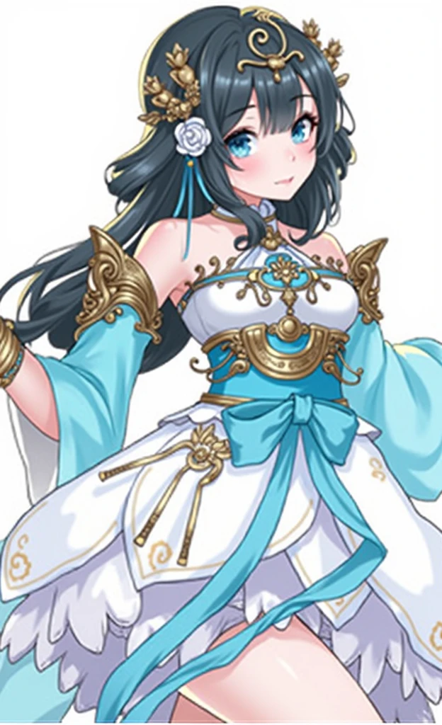 A young, chinese girl with long, dark blue hair wearing an elaborate, ornate blue and gold outfit with a head accessories. The background is plain white, exquisite details, 32k UHD resolution, DSLR, professional photography, high quality, best quality, realistic photo, cinematic angle, cinematic lighting, vibrant color, vivid color, sharp focus