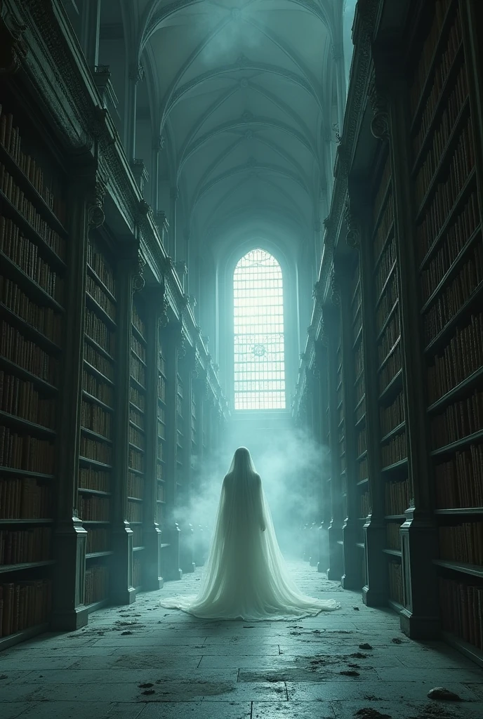 Mysterious Haunted Library: A spectral figure wandering among rows of old, dusty books in a grand, abandoned library with ornate architecture.