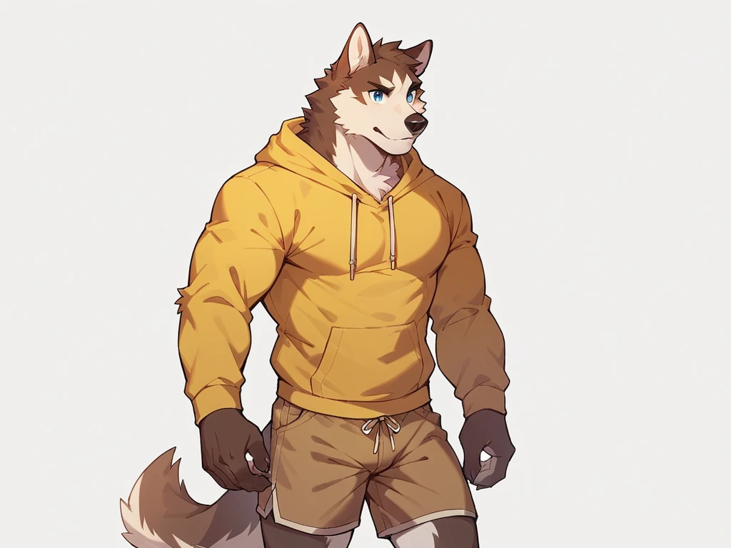 score_9, score_8_up, score_7_up, high quality, hires, anthro, male, husky, brown fur, brown ears, mostly white fur, blue eyes, yellow hoodie, brown shorts, white background,