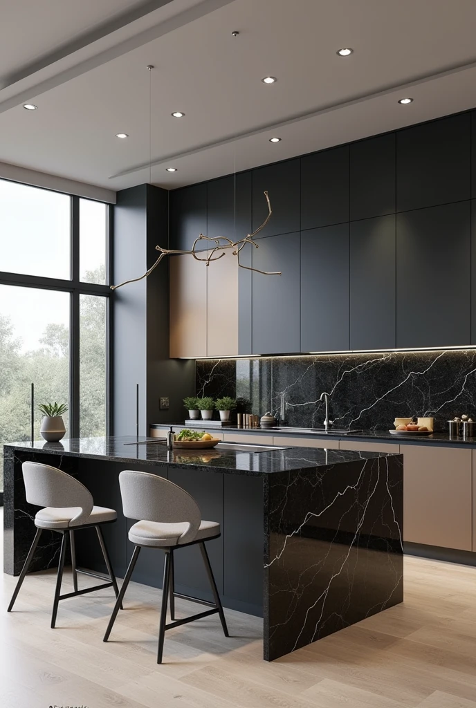 Professional 3d architecture rendering design of modern kitchen with   So dark blue vintage and dark beige  and dark gray  cabinets and  modern  so light  gray design chairs  shiny  black   marble island island and modern windows and complete showing kitchen and showing complete kitchen and modern windows and showing complete kitchen 