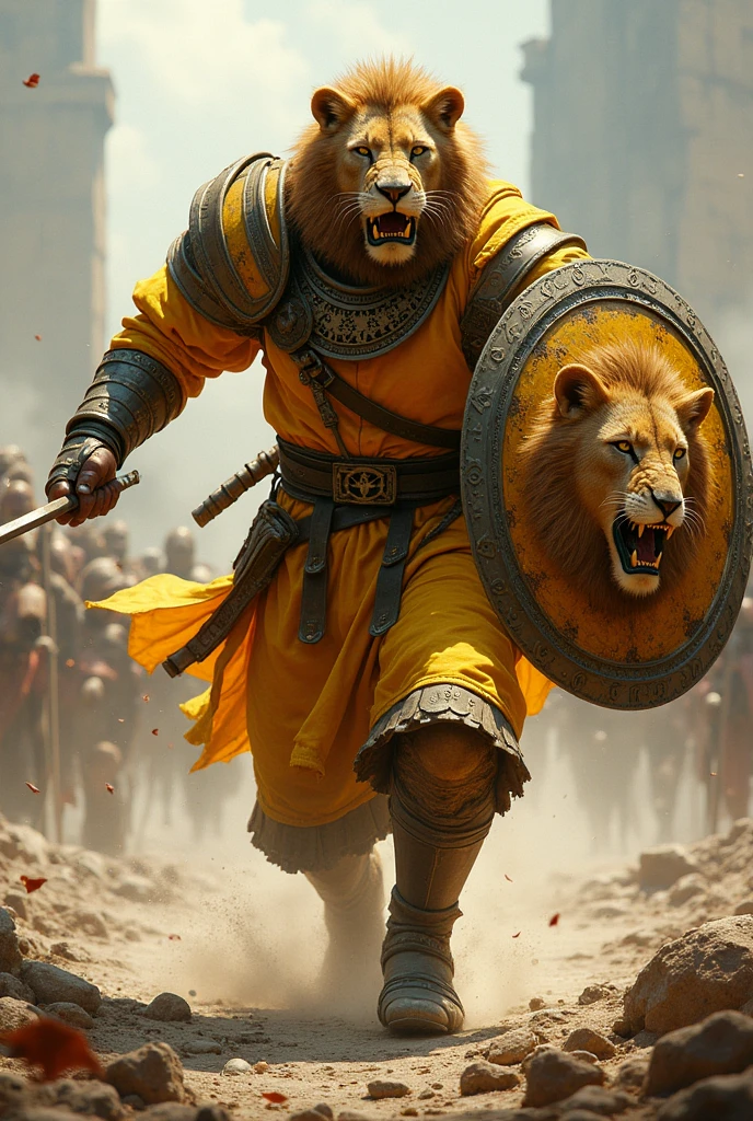 Warrior in yellow with lion face shield wm attacking stance