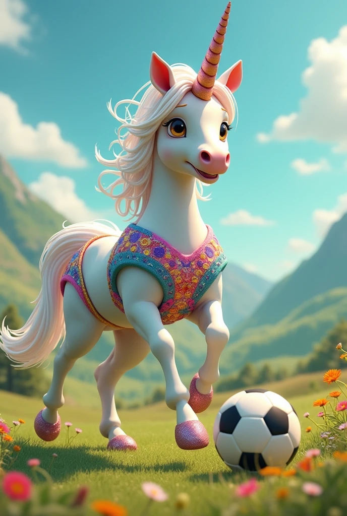 Unicorn playing soccer in a swimsuit