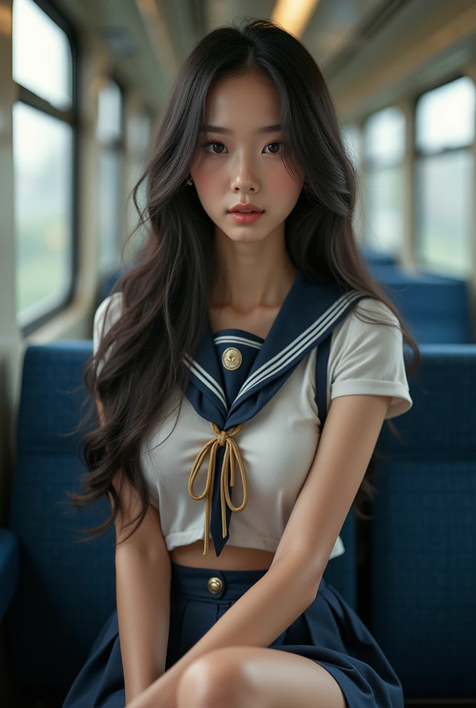 nsfw、8k, RAW Photos, Highest quality, masterpiece: 1.2), Super detailed, Super Resolution, (Genuine, Genuine photos: 1.37), Portraiture, High resolution raw color photos, Professional photos, Very detailed and beautiful, Very detailed, 8k wallpapers, Amazing details, Large file size, Official Art, highly detailed CG Unity 8k wallpapers, Very detailedな美しい女の子, Very detailedな顔, Very fine grain, Very detailed skin, Very detailed fingers, Very detailed nose, Very detailed detailed mouth, Very beautiful face and eyes, whole body, tall beautiful woman riding train in uniform, Huge breasts, (change:1.23), I can see your chest、Showing off nipples、JK Uniform, seifuku, Cute Core, high school girl, train, commute