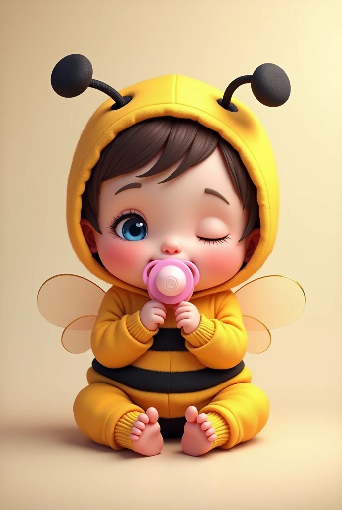  dressed as a bee sitting with a pink pacifier, blue eyes, dark brown hair 
