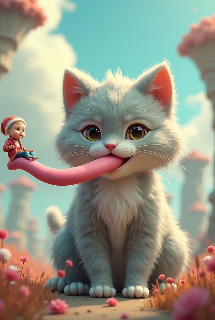 A furry ager cat with a kid sitting on the top of his tongue