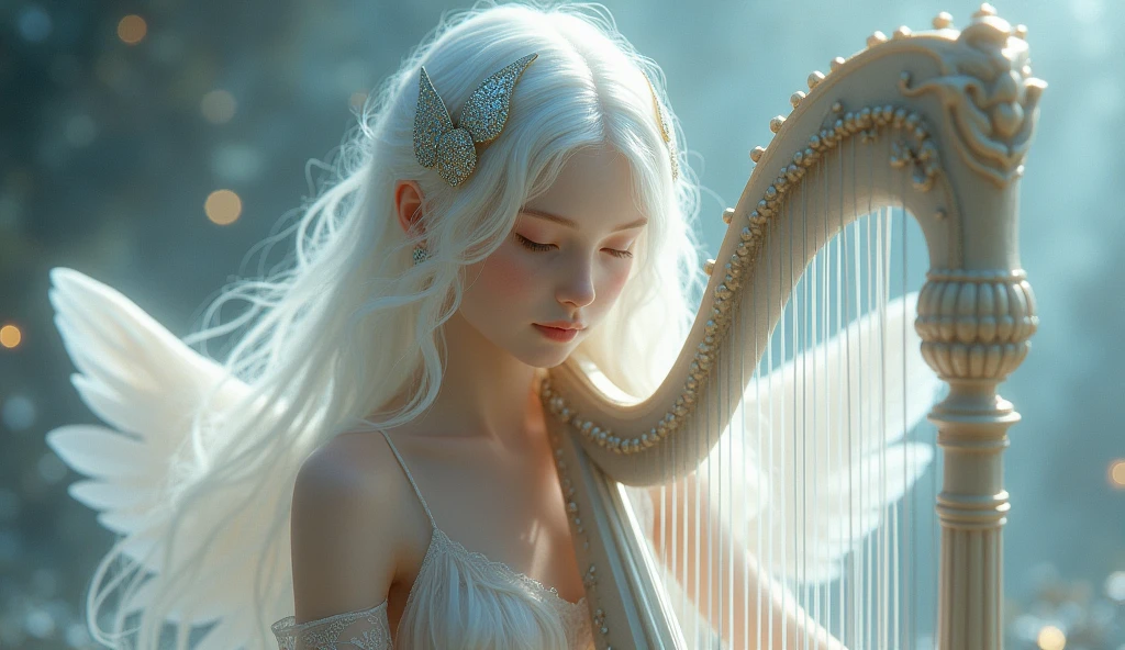 This image depicts a serene, ethereal scene featuring a delicate figure playing a harp. The character appears otherworldly, with pale skin and long, flowing white hair adorned with intricate, shimmering accessories. The setting seems to be a dreamy, celestial environment, filled with soft, glowing lights that enhance the magical ambiance. The figure's clothing is equally ethereal, with light, translucent fabric that adds to the otherworldly, almost angelic feel of the image.