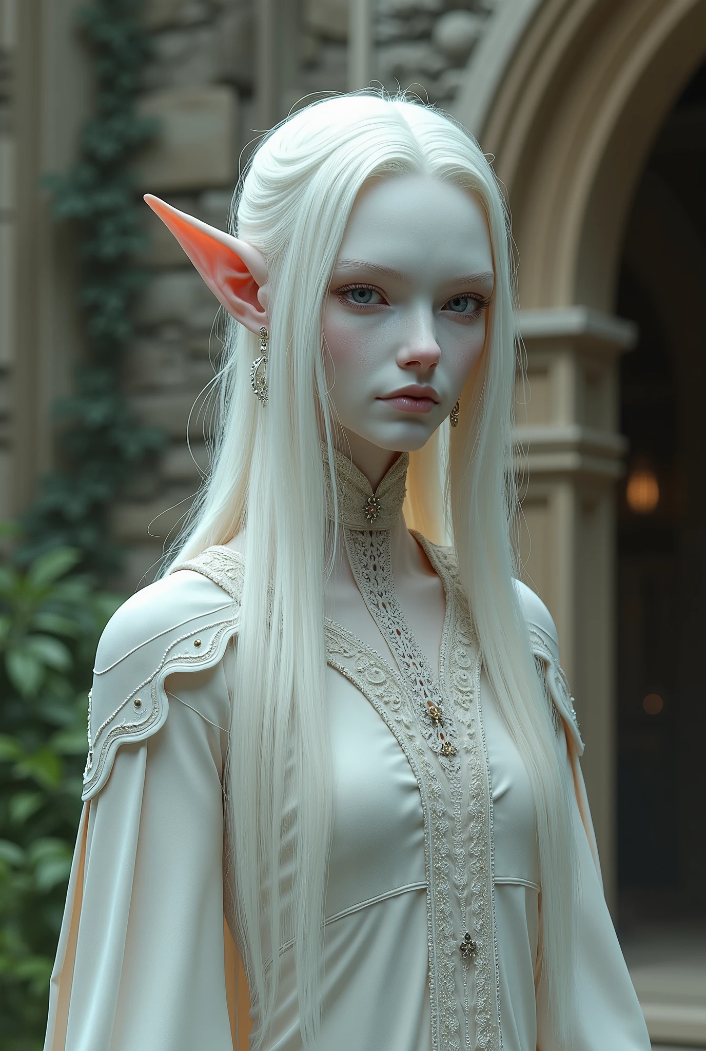 Albino Elf, eye white, white lips, adult, medieval style HD 4K