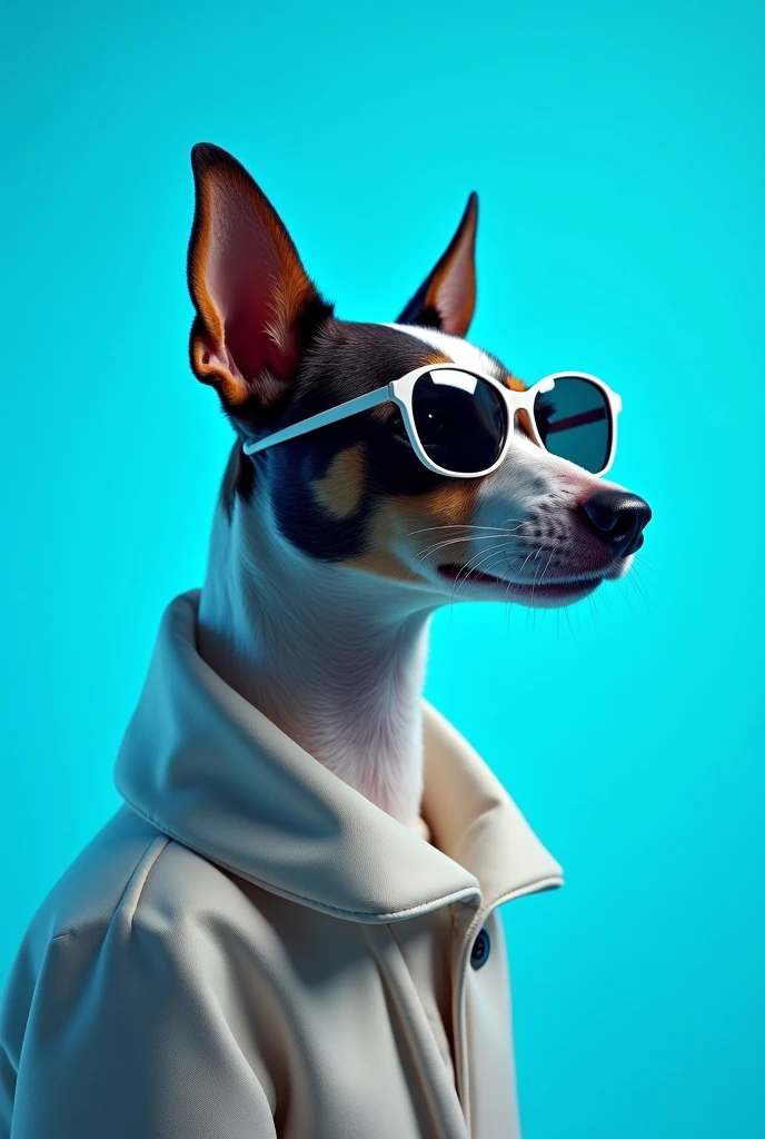 The best cell phone wallpaper, Award-Winning Wallpaper, portrait photography, In the front view is a portrait of a cute dog wearing mid-1960s space age fashion, Side view photo, Shot with Canon EOS R5, Set a strong contrast that accentuates the subject, Fluorescent blue tone, Wearing a very modern coat and sunglasses is a modern 1960s style, Clothes all in one color, beautiful background