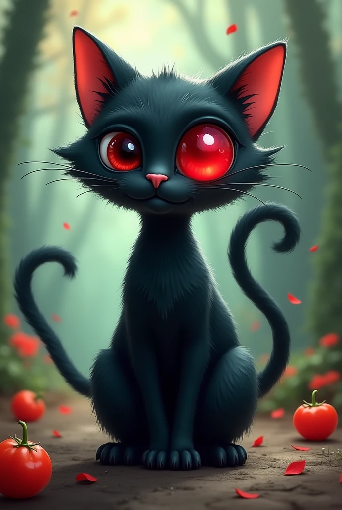 Drawing of a black cat,has one eye(like a cyclops) and that eye is red,also,the cat has 2 tails and the drawing is animated