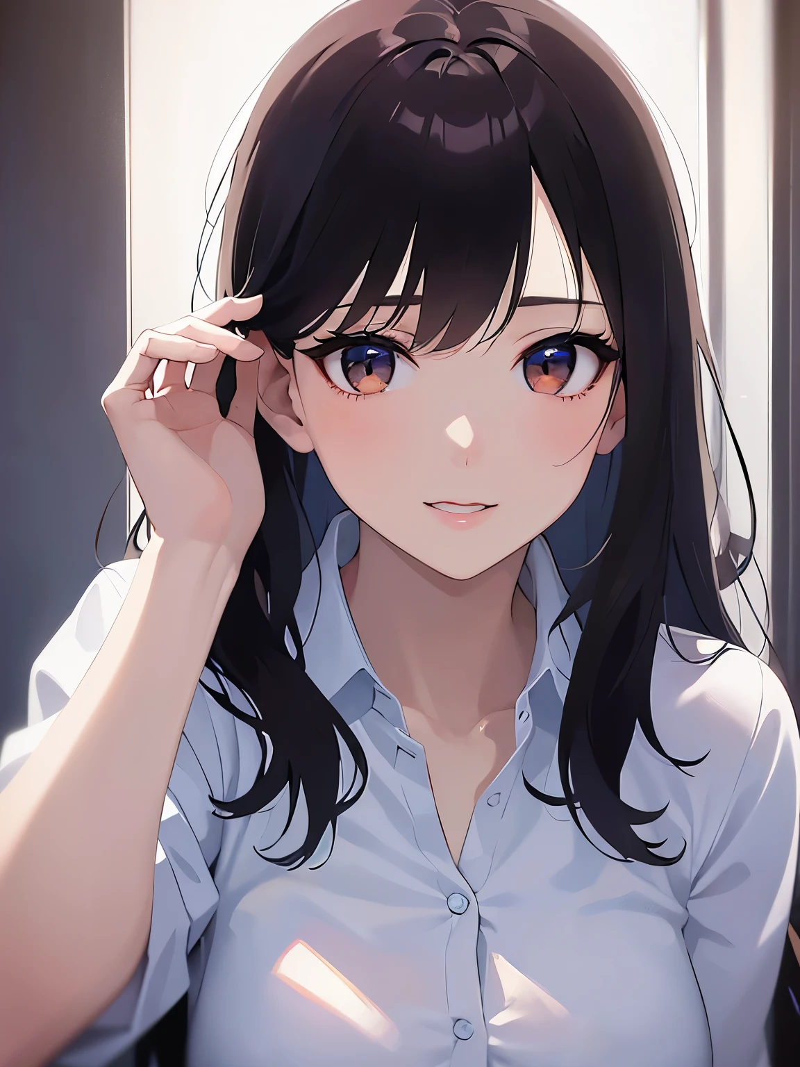 leaning forward、(looking at viewer:1.5),Upper Body, Shooting from above、Hands on the face、
Realistic, real person, (pale skin: 1.2), RAW photo, photorealistic, shiny skin, shiny hair、
(A 2 woman with medium-length hair and bangs) and (wavy hair) and (brown hair) and (orange eyes) ,
(white collared shirts)
smile,
office、(alone:1.5)
