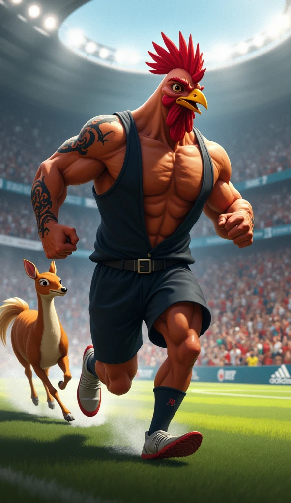 rooster bird in the spotlight, muscular, puffy chest, open black vest, black tattoo, in a soccer stadium, running after a cervo bambi, fans in the background, black smoke in the air