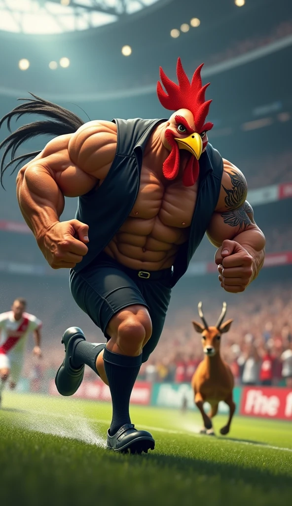 rooster bird in the spotlight, muscular, puffy chest, open black vest, black tattoo, in a soccer stadium, running after a cervo bambi, fans in the background, black smoke in the air