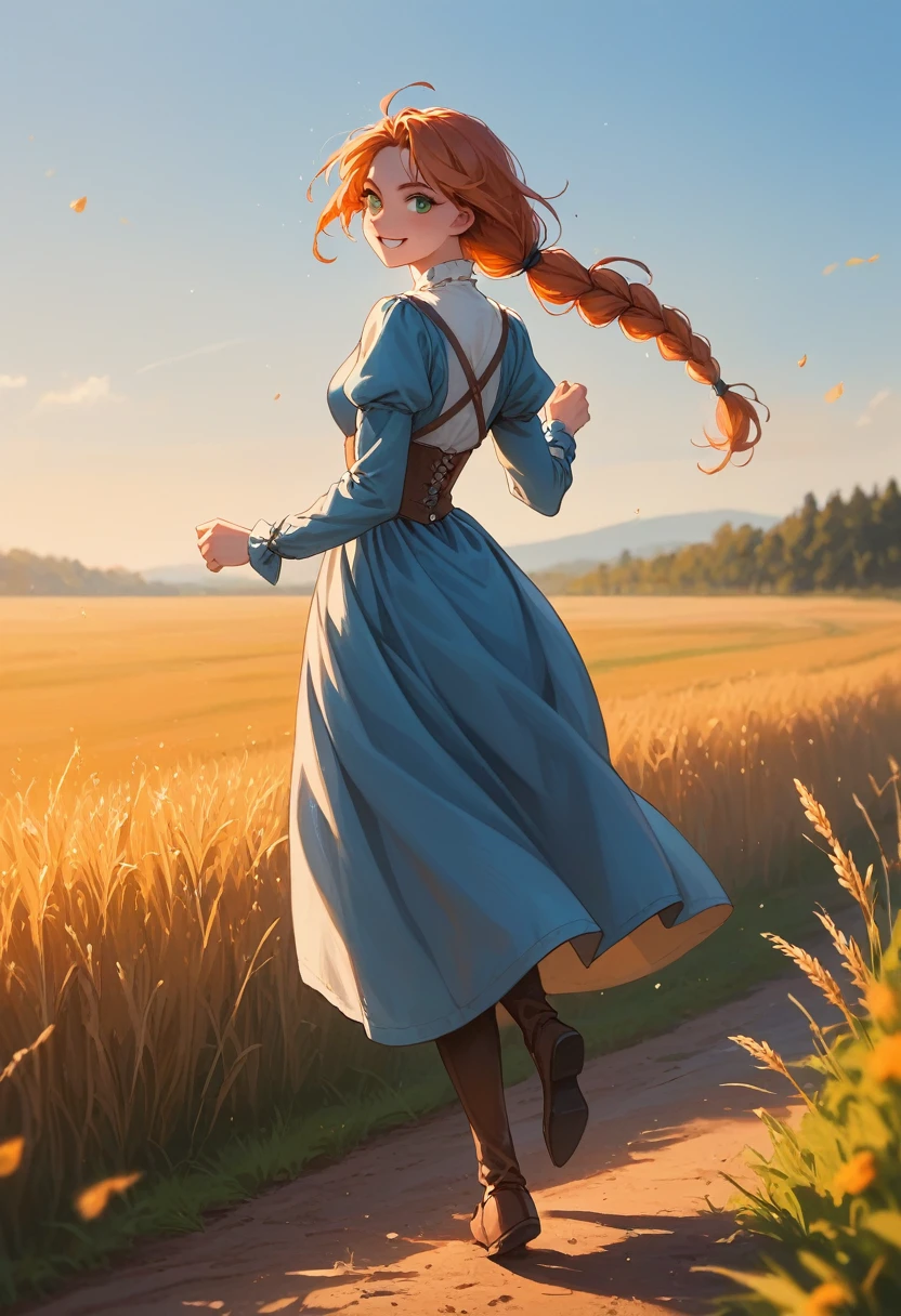 1 girl, solo, long orange hair, running, (high wheat field), turning around, emerald eyes, long blue dress, middle ages, medieval outfit, long sleeves sunset, light from behind, shadow on the figure, smile, laughter, (blue sky), against the background of wheat, standing in the distance, looking at the viewer, full-length