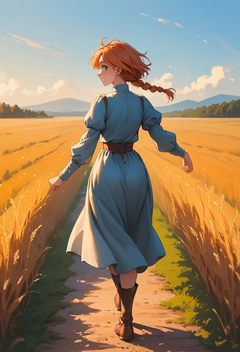 1 girl, solo, long orange hair, running, (high wheat field), turning around, emerald eyes, long blue dress, middle ages, medieval outfit, long sleeves sunset, light from behind, shadow on the figure, smile, laughter, (blue sky), against the background of wheat, standing in the distance, looking at the viewer, full-length