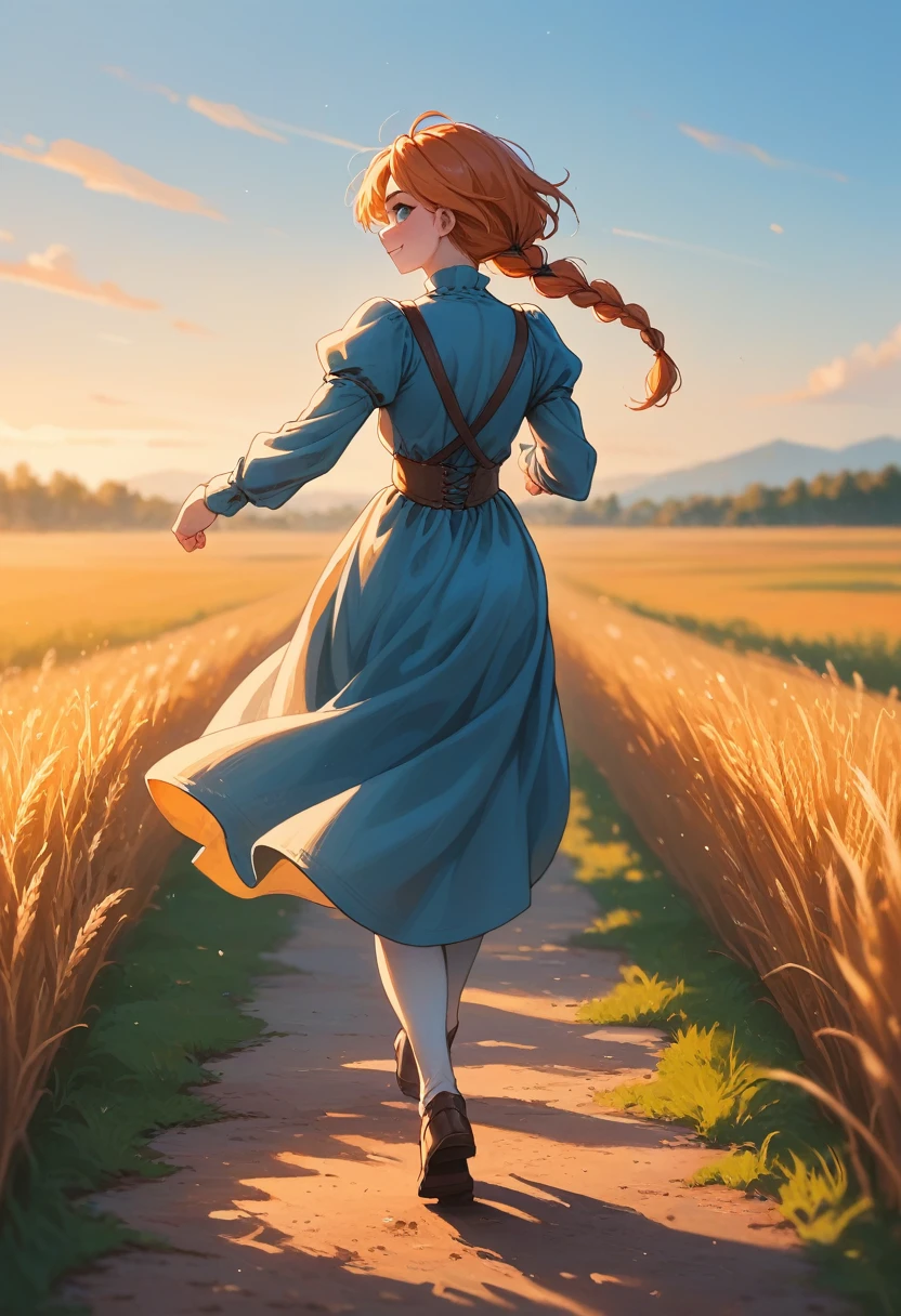 1 girl, solo, long orange hair, running, (high wheat field), turning around, emerald eyes, long blue dress, middle ages, medieval outfit, long sleeves sunset, light from behind, shadow on the figure, smile, laughter, (blue sky), against the background of wheat, standing in the distance, looking at the viewer, full-length