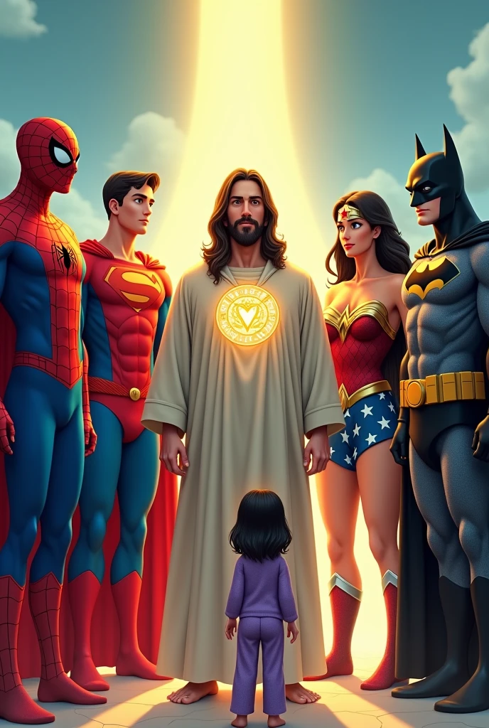 Spiderman animated cartoon, superman, Wonder Woman, Batman, and Jesus Christ in the middle as the best superhero with a logo on his chest and next to him a girl in pajamas