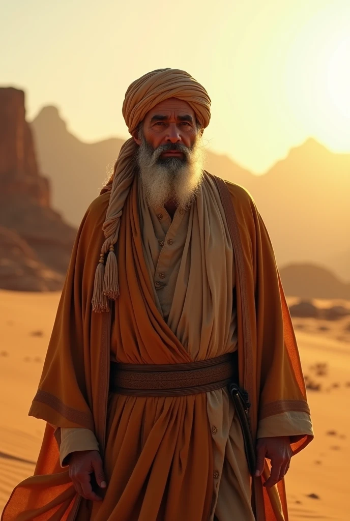 a middle-aged muslim man, detailed facial features, turban, long beard, flowing robes, standing in a middle eastern desert landscape, mountains in the background, warm light, photorealistic, highly detailed, cinematic lighting, golden hour
