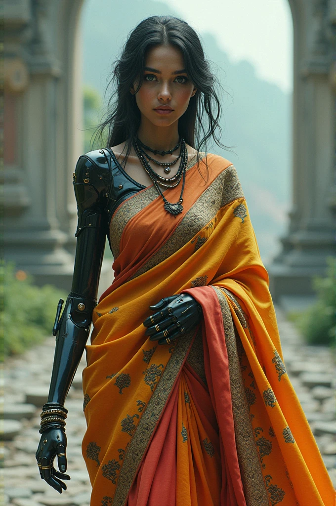 a traditional Hindu saree wearing female with robotic arms and legs and blue eyes