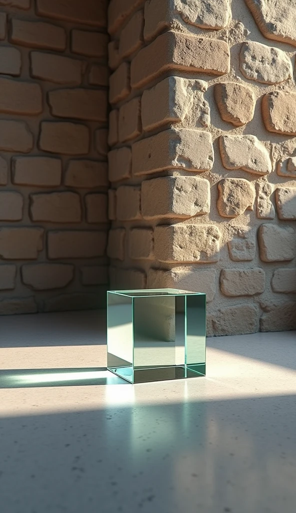 "Generates an image showing a brick stone textured background wall, everything looking straight ahead, highlighting the irregular and natural details of the stone, mostly cracks. The floor must be smooth and uniform., contrasting with the texture of the wall. on the floor, place a simple glass cube, transparent and geometrically precise, that reflects light subtly and shows the details of the environment through its faces."