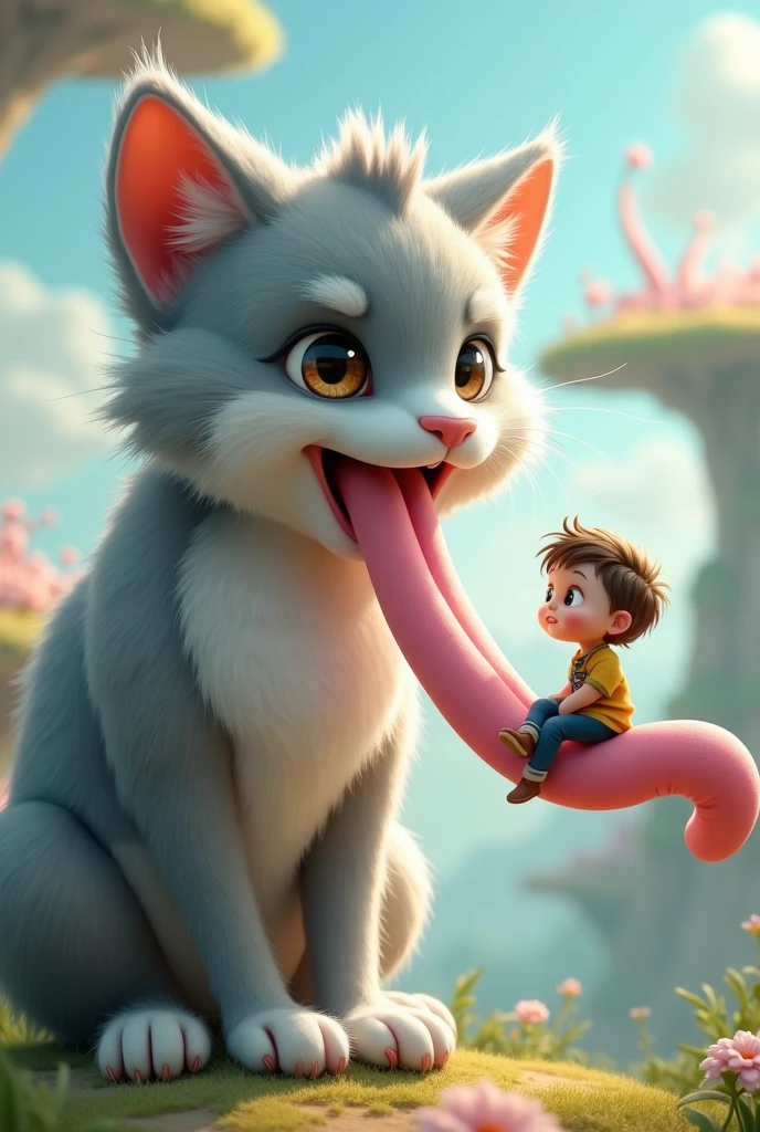A furry teenager cat with a kid sitting on the top of his tongue 