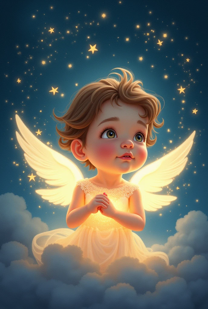 A drawing for a magical tale of a little baby, of Brown hair, that is an angel that God brought to earth.
It must have a starry background
