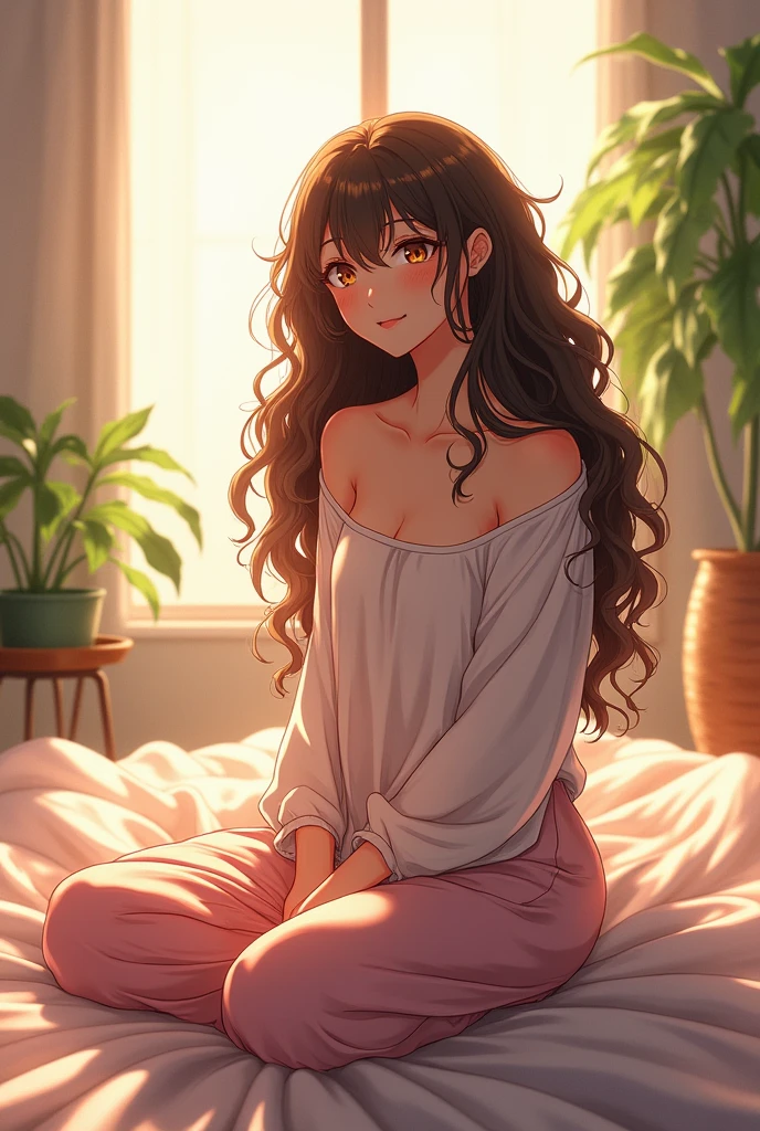 (webtoon), beautiful anime woman, sitting on bed, wearing loose off-shoulder top, pajama pants, long curly hair, indoors, soft lighting, plants in background, window with sunlight, cozy room, relaxed pose, realistic, intricate details, warm colors, by eichiiro oda, by masashi kishimoto