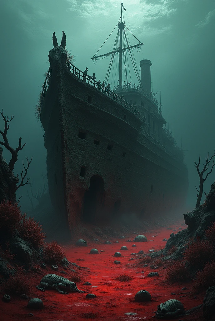 Surrealist digital art"The deep sea scene is dyed with dark red blood. The seawater is dark and murky like a nightmare. Below is the wreck of an old ship that has been abandoned for centuries. Some of the wrecks are covered with strange seaweed and corals. The shape of the ship is distorted and unnatural, decorated with the remains of the forgotten crew. Some skeletons are still attached to the ship. Surrounded by fish and creatures with strange and scary appearances. The sea floor around the wreck is full of red sand and mysterious debris that seem to come from another world. The atmosphere gives a feeling of being lost and being swallowed. The mystery and fear that lingers in the darkness of the deep sea makes everything seem to be hiding a terrifying secret that is ready to be revealed in the near future."