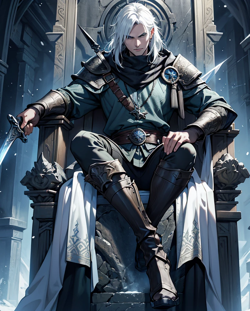 Please create a high-definition cover for my novel with a domineering man holding a huge sword in both hands and sitting on the throne with legs open.,This is its introduction:Winter is coming,The fate of Skyrim hangs by a thread。The Thalmor's cavalry tramples this ancient land,The shadow of the dragon looms over the world。And he,Relos,A humble bastard,But holds the power to change everything - the blood of the Dragonborn。 But it's not salvation he desires,But conquer。He will pave a bloody road to the pinnacle of power with iron, blood and fire,Stepping on the corpses of enemies,Ascend the and cold throne。