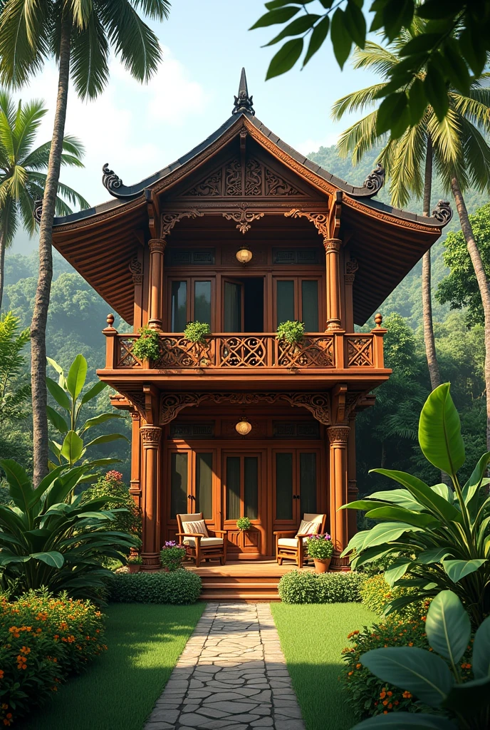 Traditional Javanese wood house , wood furniture in balcony, tropical garden