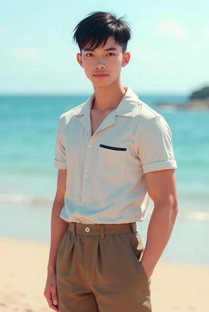 Realistic photography, Handsome Mature Thai Male ,beach, wearing black shorts. wet. white cotton shirt. white baseball cap, light skin, (lean body), one earring
