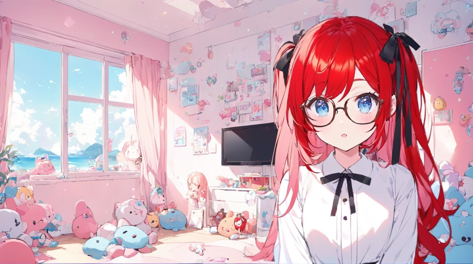 “A vibrant, anime-style VTuber with long, bright red twin-tail hair and blue eyes, wearing glasses and a white blouse with black ribbon details. She is standing in a cute, pastel pink bedroom with plush toys, cloud-shaped decorations on the wall, and a sea view visible through large windows. The room is bathed in soft natural light, creating a cozy and inviting atmosphere. A live chat window is visible on the right side of the image, with cheerful messages from fans. A digital clock is displayed at the top, showing ‘08:08:53.’”
