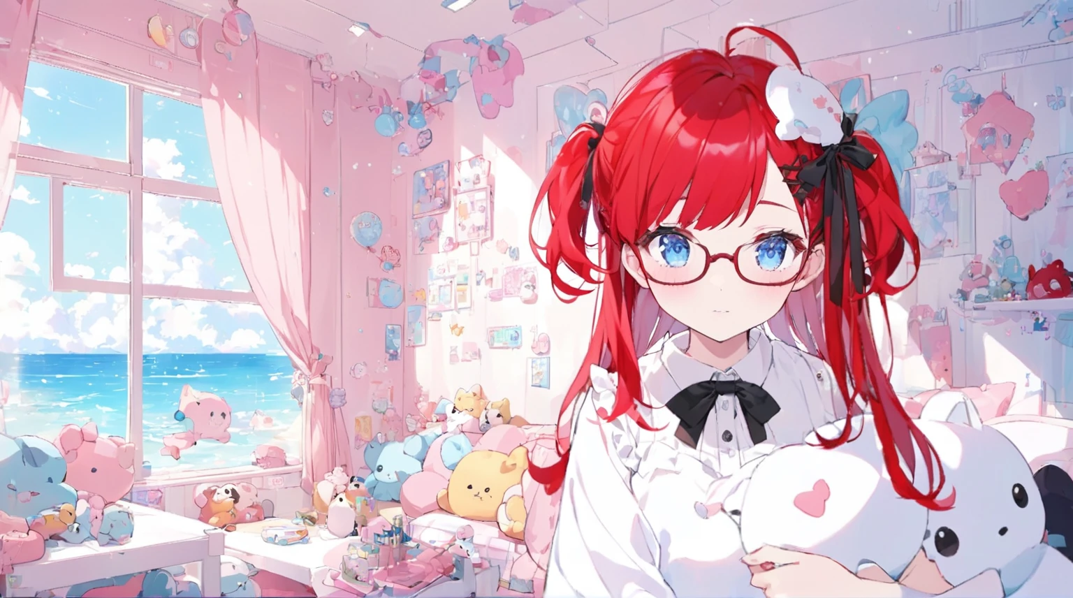“A vibrant, anime-style VTuber with long, bright red twin-tail hair and blue eyes, wearing glasses and a white blouse with black ribbon details. She is standing in a cute, pastel pink bedroom with plush toys, cloud-shaped decorations on the wall, and a sea view visible through large windows. The room is bathed in soft natural light, creating a cozy and inviting atmosphere. A live chat window is visible on the right side of the image, with cheerful messages from fans. A digital clock is displayed at the top, showing ‘08:08:53.’”