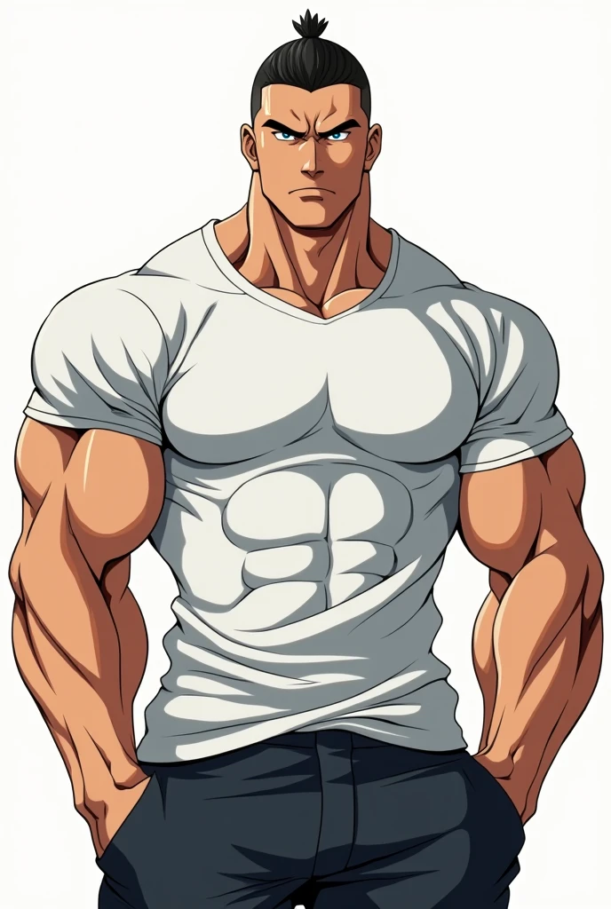 a muscular man with undercut hair wearing a tight white t-shirt, full body, anime style