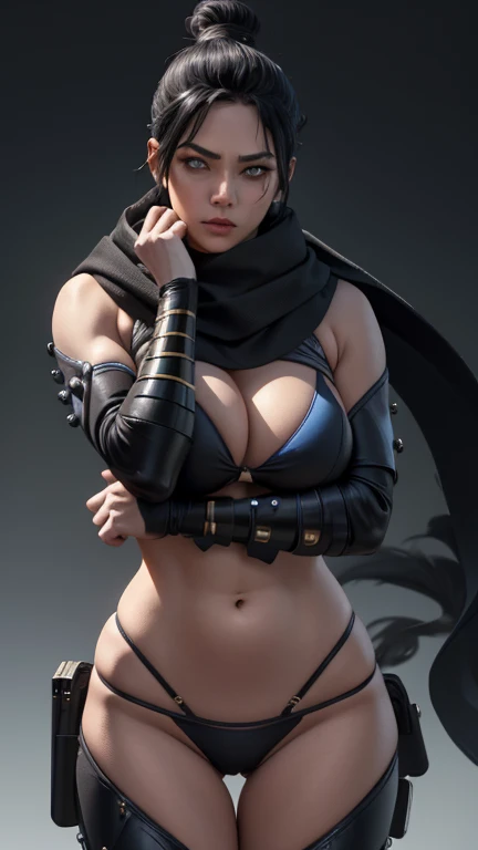 Foto de corpo inteiro, pose, sexy, (Highly detailed CG Unity 8k wallpaper),(masterpiece), (highest quality), (super detailed), (Best Illustration),(best shadow), Wraith apex legends, pretty face focus, Masterpiece artwork, best qualityer, kissshotms, 1 girl, natta, Efeito de Luz, Masterpiece artwork, best qualityer, 1 girl, micro bikini, mature woman, breasts big, 8k, UHF, (abdomen, )muscular woman, Waist slender, detailedeyes, FGO1, 1stClothing, 1 girl, solo, hair bun simples, hair bun, scarf, sultry posing, Bblack hair, black scarf, blue colored eyes, bangss, bangss distributed, Hair behind the ear, mitts, piercing no nariz, mitts pretas