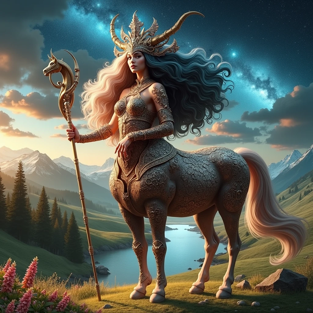 Epic digital art, beautiful female centaur sorceress, holding an ornate staff, wearing an intricate jeweled headdress, extravagant armor, casting magic waves in the dark sky, sunset, river, mountains, coniferous forest, warm ambience.