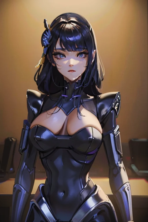 (masterpiece),(Highest quality),(Super detailed),(Best illustrations),(Best Shadow),(Absurd),(Detailed Background),(so beautiful), 16K, 8K, 4K,(Best Shadow),empty eyes,robotization,woman ,big bust,Robot Joint ,Metal skin,Black Suit,long hair,a black suit that covers the whole body,robot raiden shogun,metal cat ear