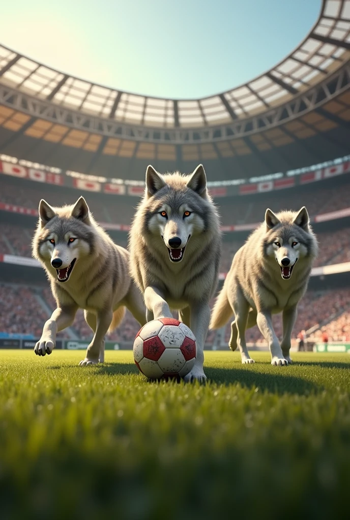 Wolf with his pack playing soccer in a stadium 