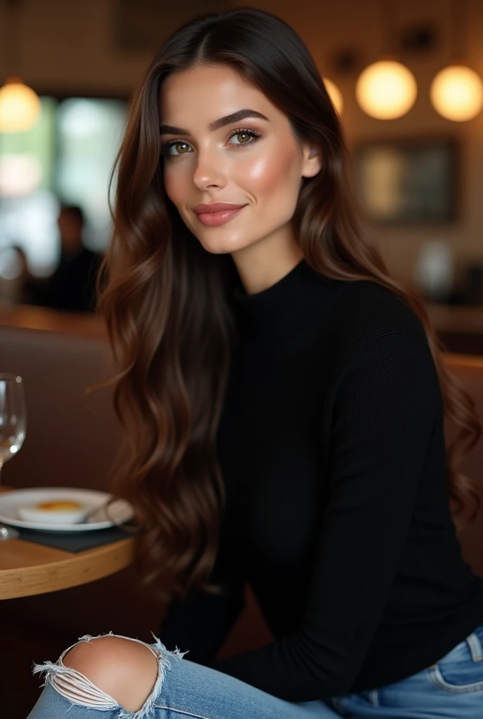 (photorealism:1.2),(alta calidad)Oval face with high, well-defined cheekbones. Hair: Long, straight, dark brown with a healthy shine, Large, dark brown eyes with an intense and elegant look, Light complexion with a soft tan tone, Full, well-defined lips, usually made up with natural tones. Style: Black sweater, trendy blue ripped jeans. Expression: Confident and serene, with a warm but reserved smile, sitting in a restaurant (4k),(alta resolución).
