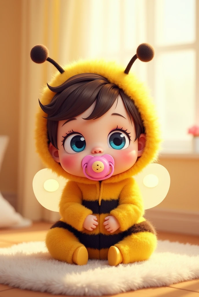 Baby dressed as a bee sitting with a pink pacifier, blue eyes, dark brown hair , animated cartoon 
