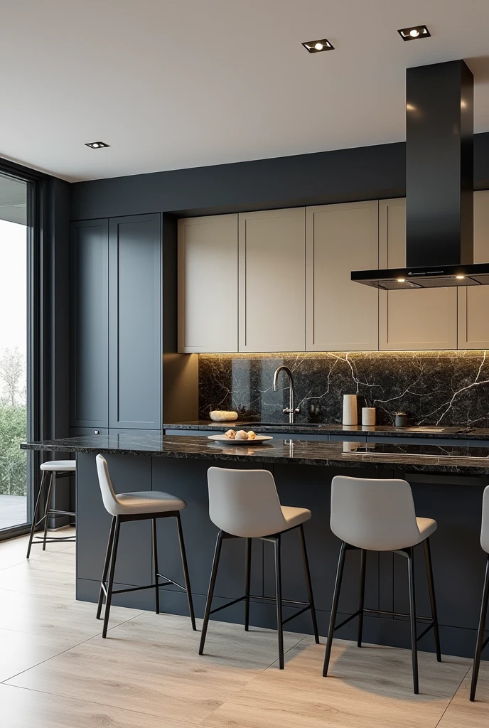 Professional 3d architecture rendering design of modern kitchen with So dark blue vintage and dark beige and dark gray cabinets and modern so light gray design chairs shiny black marble island island and modern windows and complete showing kitchen and showing complete kitchen and modern windows and showing complete kitchen