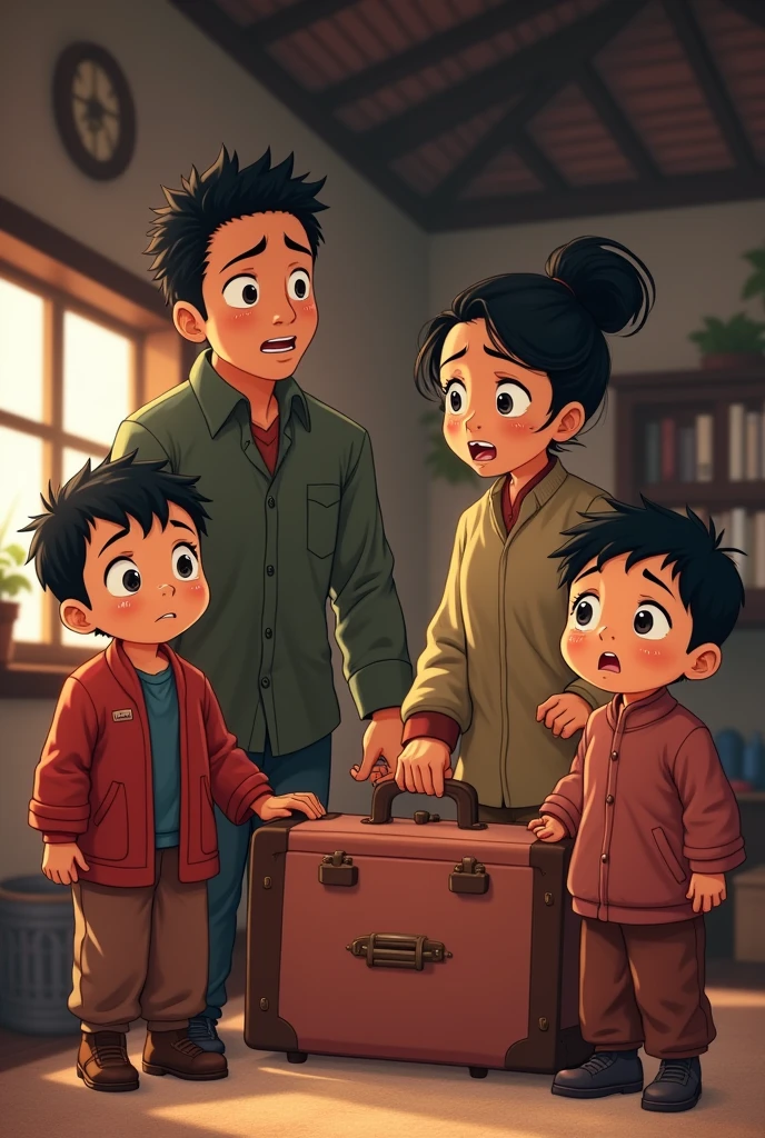 "Ama, Apa where are you going?", cried the . Include father and mother packing luggage and two boys crying. Bhutanese version. The boys should be at the side