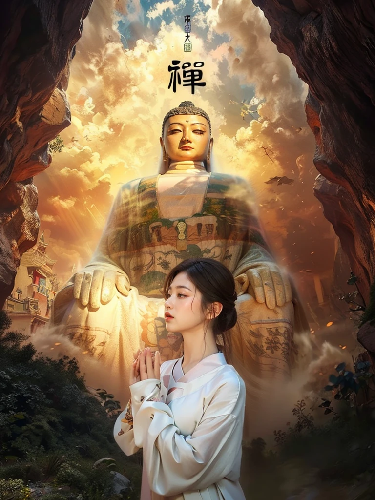 best quality,masterpiece,Ultra-high resolution,(Reality:1.4),xiuxian,Delicate face,A person standing in front of the Buddha and praying，Rock Buddha，Wearing Hanfu