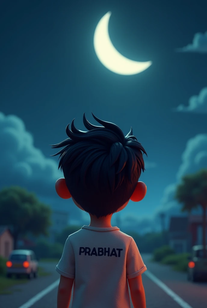 A back profile photo of a 3d cartoon boy whose name on thirt is prabhat seeing the moon in night in 1:1 frame