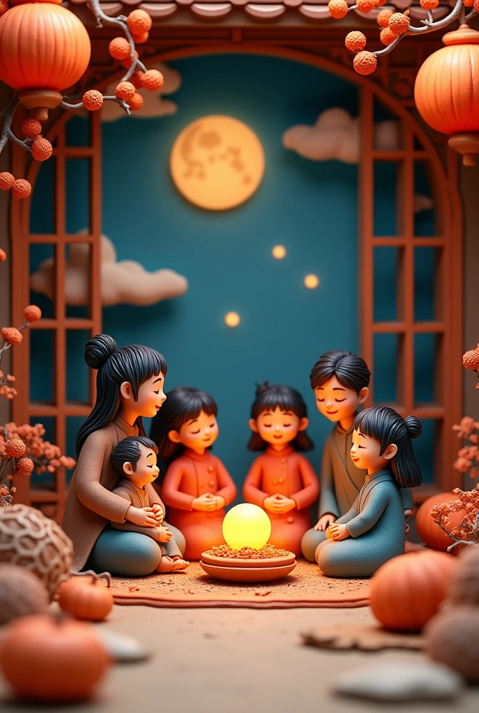Miniature landscape, clay material, The family is getting together,the background is the Chinese Mid-Autumn Festival reunion atmosphere, the round moon in the sky outside the window, the night view,minimalism, poster art