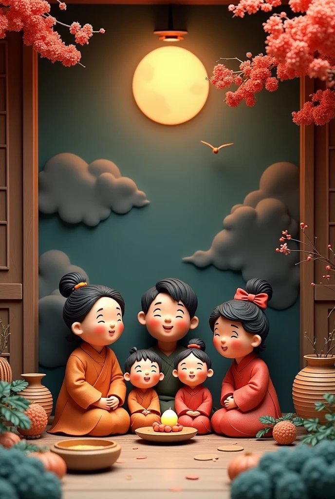 Miniature landscape, clay material, The family is getting together,the background is the Chinese Mid-Autumn Festival reunion atmosphere, the round moon in the sky outside the window, the night view,minimalism, poster art