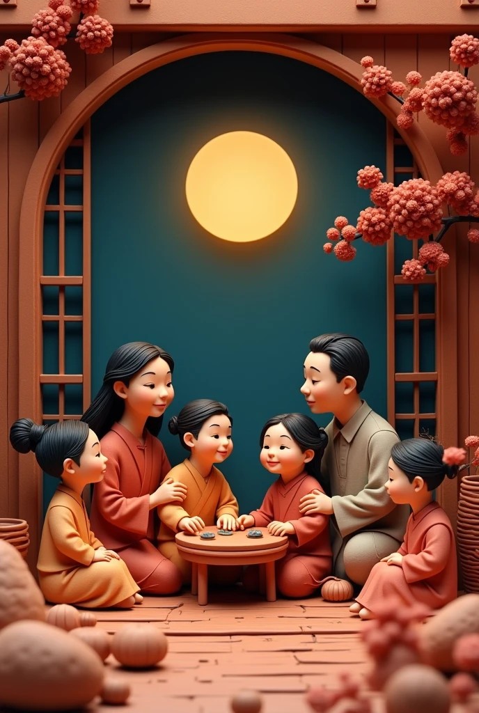 Miniature landscape, clay material, The family is getting together,the background is the Chinese Mid-Autumn Festival reunion atmosphere, the round moon in the sky outside the window, the night view,minimalism, poster art