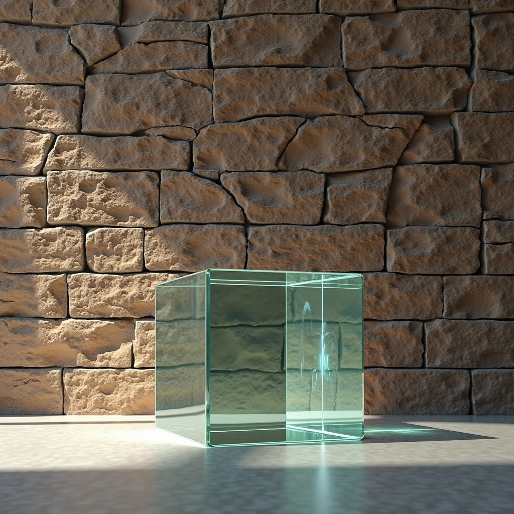 "Generates an image showing a brick stone textured background wall, everything looking straight ahead, highlighting the irregular and natural details of the stone, mostly cracks. The floor must be smooth and uniform., contrasting with the texture of the wall. on the floor, place a simple glass cube, transparent and geometrically precise, that reflects light subtly and shows the details of the environment through its faces."