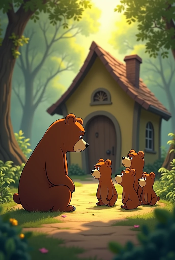 Benito the bear very sad , He apologizes to his mother bear and father bear on his knees and to his 3 little bear brothers and promised never to leave again, in the forest in his little house. colorful animated image



