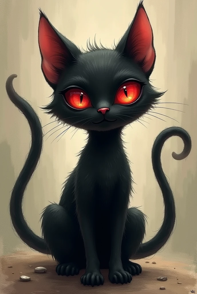 Drawing of a black cat,has one eye(like a cyclops) and that eye is red,also,the cat has 2 tails and the drawing is animated - cyclops cat,osea que solo has one eye
-es negro
-tiene dos colas