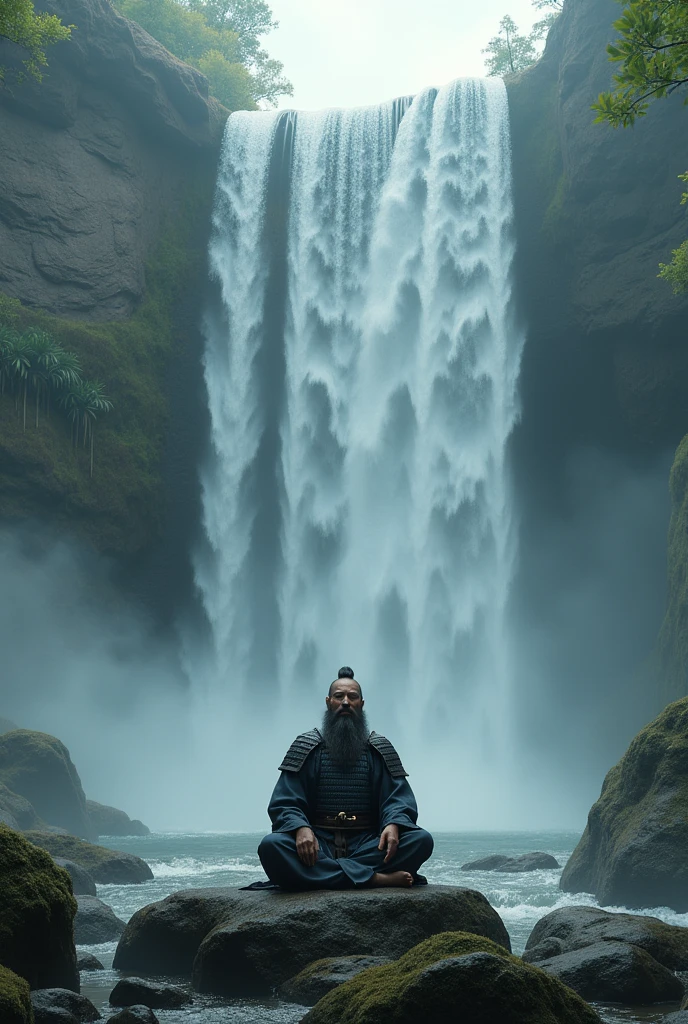 A samurai meditating under a large waterfall 